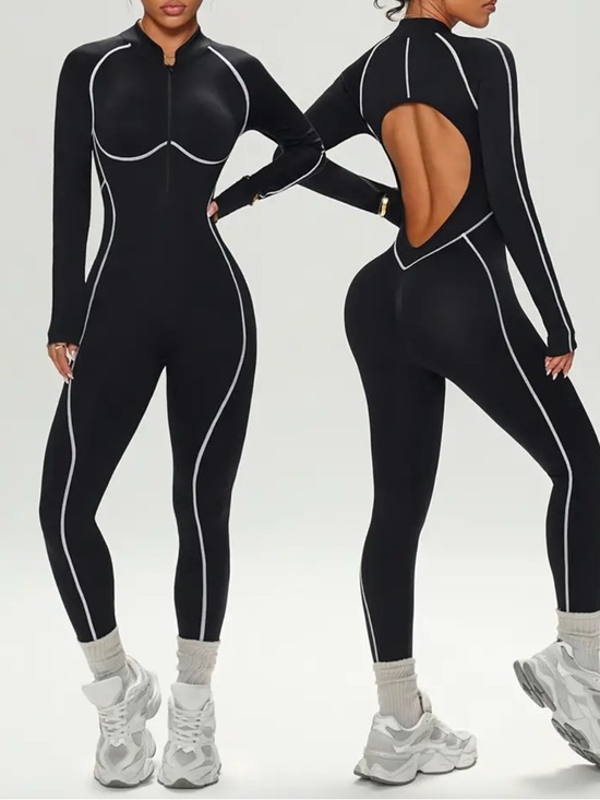 The NEW Boutique Pants - Black Bodycon Jumpsuit Open Back Zip Front Stretch Activewear Romper S